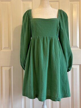 J. Crew Seafoam Green Long Sleeve Gauzy Cotton Square Neck Mini Peasant Dress SM